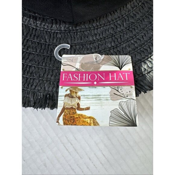 Fashion Hat Woven Fringed Sun Hat Grosgrain Ribbon Band Black NWT 9037 - Picture 14 of 14